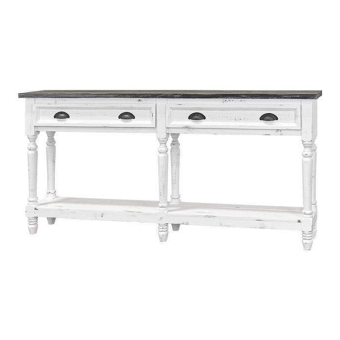 72" TURN LEG 2 DRAWER CONSOLE SANDED WHITE WEATHERED WOOD TOP