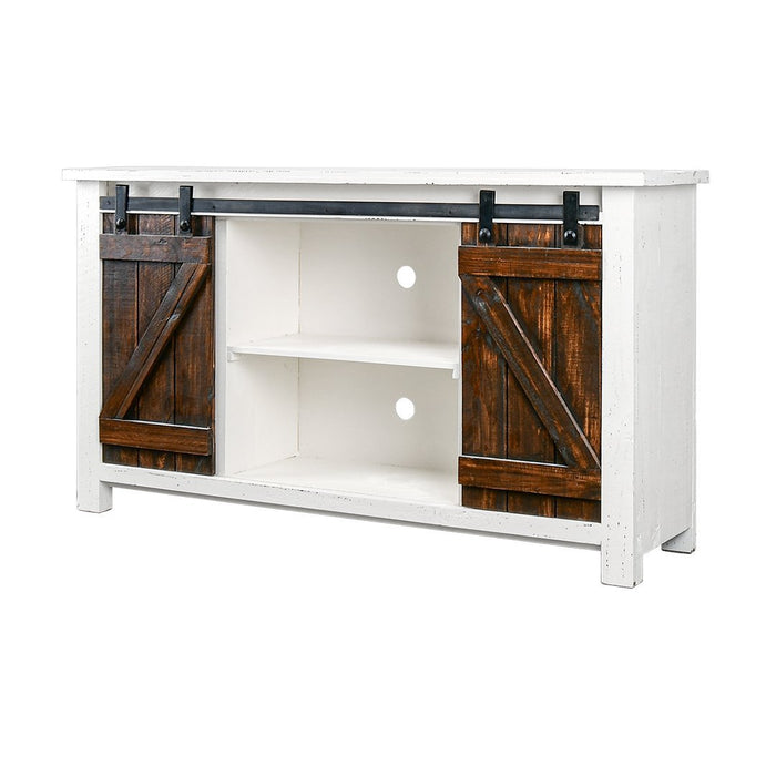 NARROW BARN DOOR TV STAND AGED WHITE TOBACCO