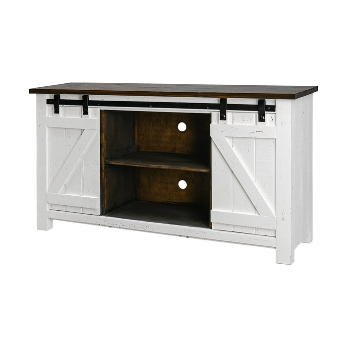 NARROW BARN DOOR TV STAND AGED WHITE TOBACCO TOP