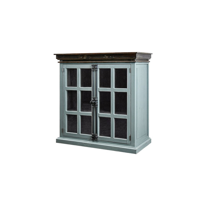 EMORY 2 DOOR CONSOLE W/GLASS IRON BEACH BLUE LIME WASH