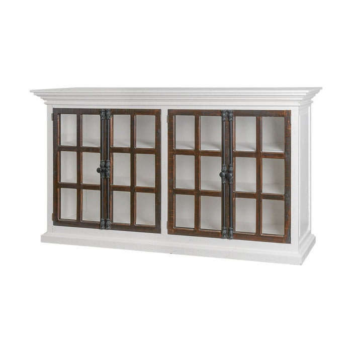 EMORY 4 DOOR CONSOLE W/GLASS & IRON AGED WHITE TOBACCO