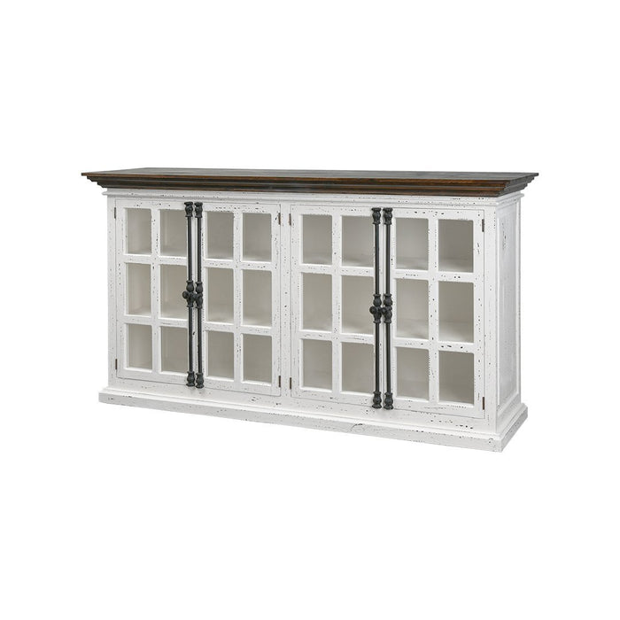EMORY 4 DOOR CONSOLE W/GLASS & IRON AGED WHITE TOBACCO TOP WHITE INTERIOR