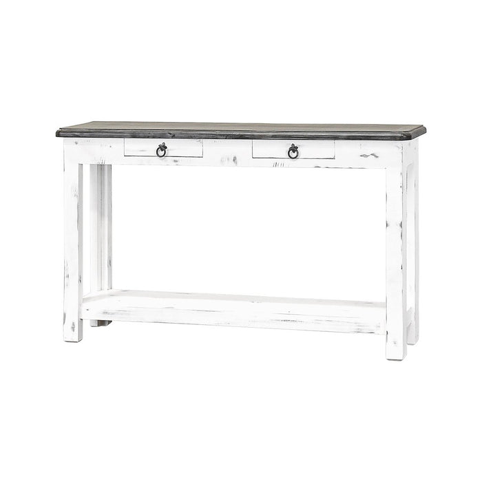 PROMO SOFA TABLE 2 DRAWER SANDED WHITE WEATHERED WOOD TOP