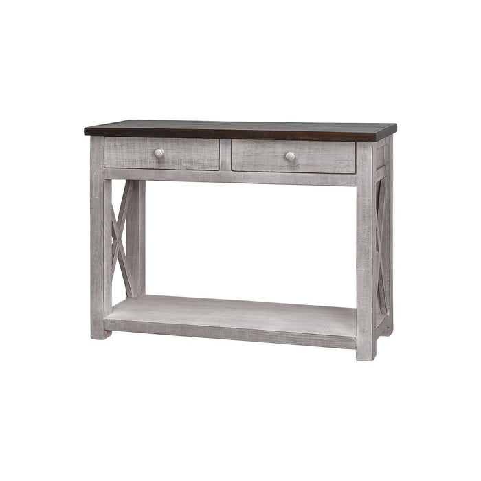 2 DRAWER X SIDED CONSOLE TABLE CASTELLO GRAY WITH SIERRA BROWN TOP