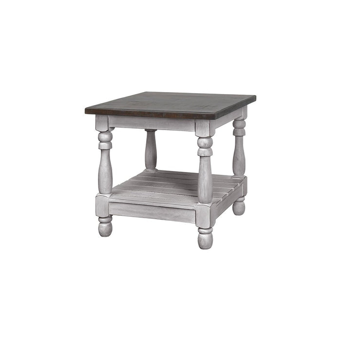 KENSLEY TURNED LEG END TABLE CASTELLO GRAY WITH SIERRA BROWN TOP