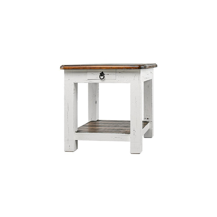 END TABLE W/ DRAWER AGED WHITE TOBACCO TOP