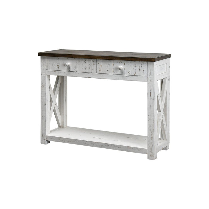 2 DRAWER X SIDED CONSOLE TABLE SIERRA WHITE WITH SIERRA BROWN TOP
