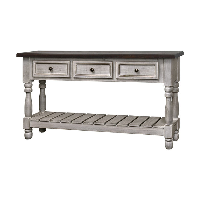 KENSLEY NARROW 3 DRAWER SOFA TABLE CASTELLO GRAY WITH SIERRA BROWN TOP