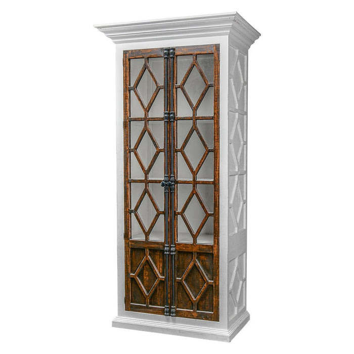 CARTHAGE UPRIGHT CABINET W/ DIAMOND GLASS DOORS AGED WHITE TOBACCO