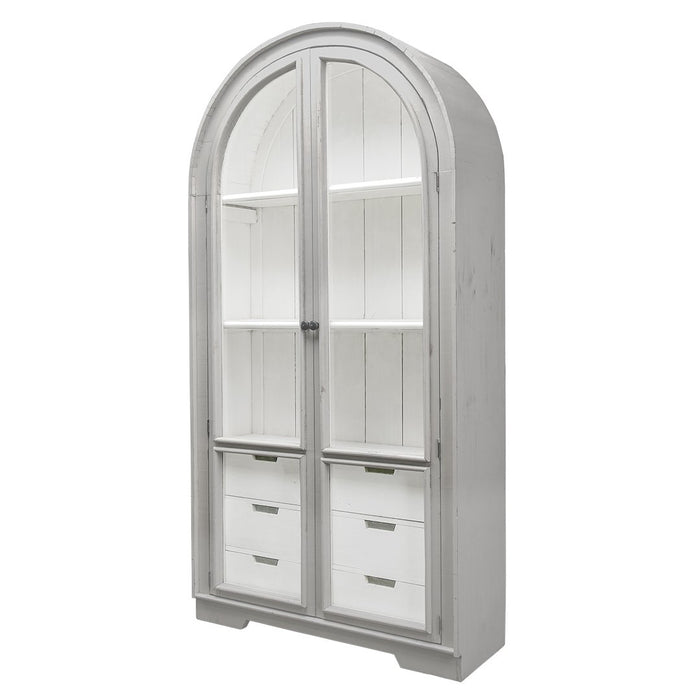JULIA CURVED 6 DRAWER HUTCH RUBBED AGED GRAY WHITE INTERIOR